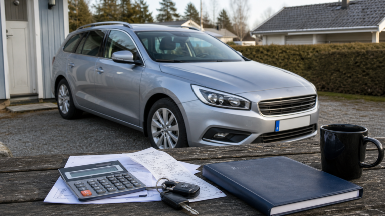 Silver station wagon parked in a driveway; foreground shows papers, a calculator, car keys, a blue notebook, and a black coffee mug on a wooden table.